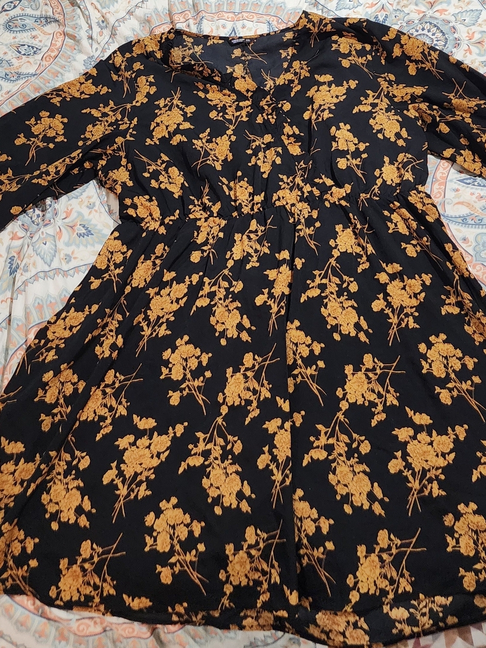 SHEIN Black Dress with Mustard Floral Print